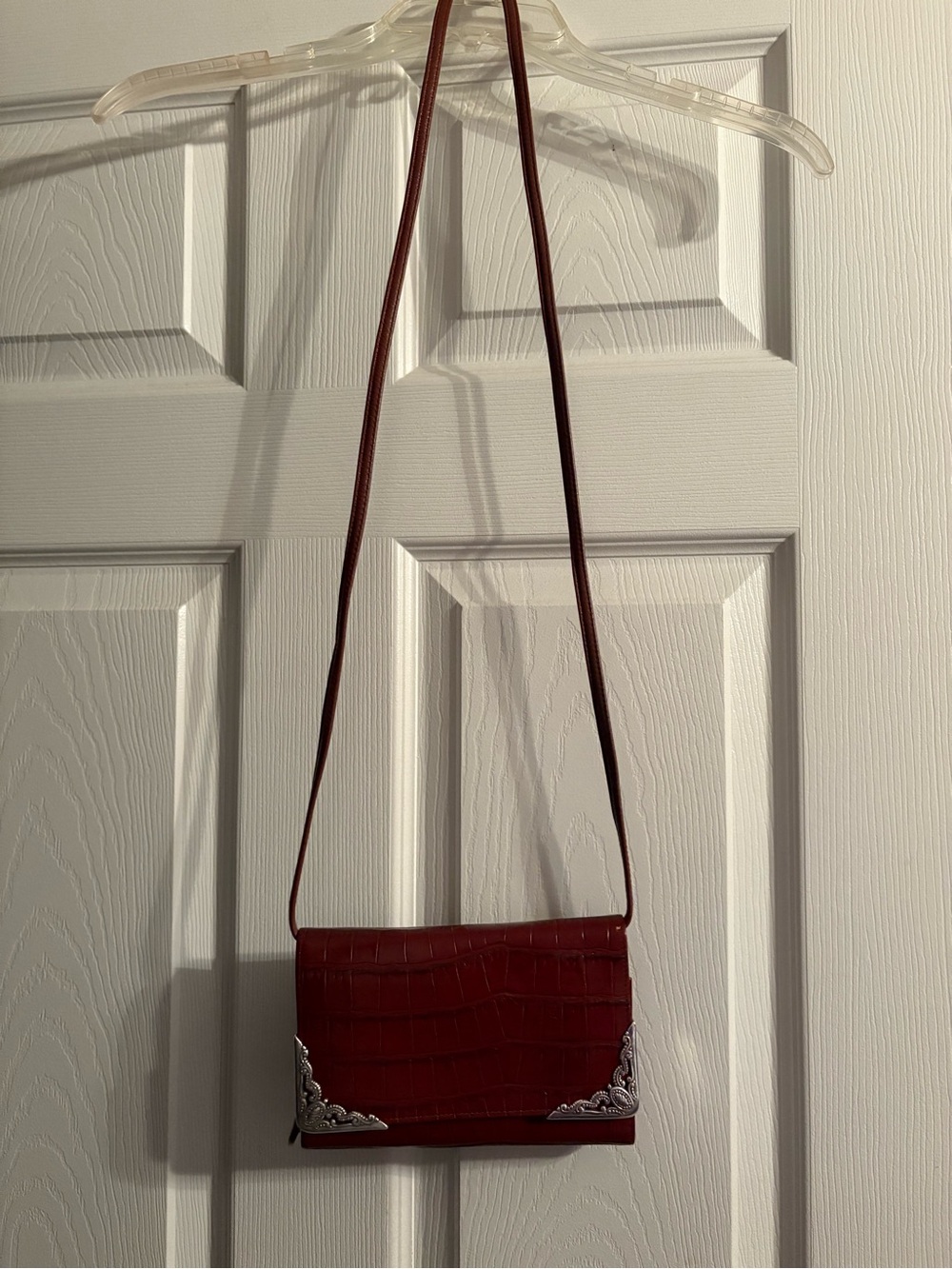 Brighton Brown Croc-Embossed Crossbody with Silver Corner Details